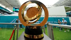 The FIFA Club World Cup trophy on display prior to the F1 Grand Prix of Miami at Miami International Autodrome.