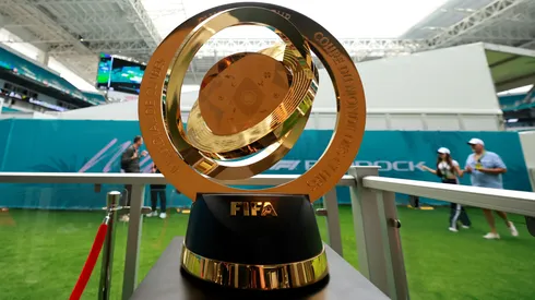 The FIFA Club World Cup trophy on display prior to the F1 Grand Prix of Miami at Miami International Autodrome.