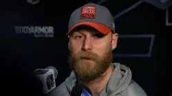 Sam Bennett #9 of the Florida Panthers speaks to the media during Media Day prior to the 2024 Stanley Cup Final at Amerant Bank Arena on June 07, 2024 in Sunrise, Florida.
