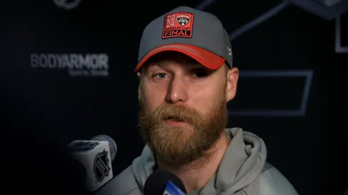 Sam Bennett #9 of the Florida Panthers speaks to the media during Media Day prior to the 2024 Stanley Cup Final at Amerant Bank Arena on June 07, 2024 in Sunrise, Florida.