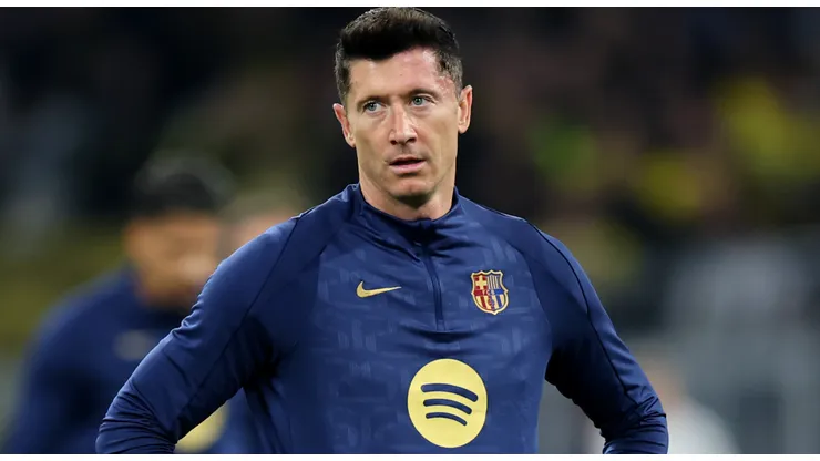 Robert Lewandowski of FC Barcelona looks on during the warm up prior to the UEFA Champions League 2024/25 Quarter Final Second Leg match between Borussia Dortmund and FC Barcelona at BVB Stadion Dortmund on April 15, 2025 in Dortmund, Germany.