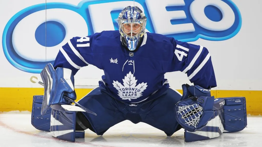 Anthony Stolarz #41 of the Toronto Maple Leafs warms up prior to playing against the Ottawa Senators in Game Two of the First Round of the 2025 Stanley Cup Playoffs at Scotiabank Arena on April 22, 2025 in Toronto, Ontario, Canada.