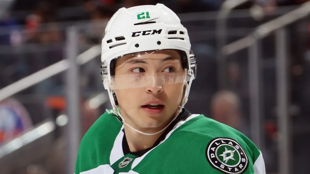 Jason Robertson #21 of the Dallas Stars skates against the New York Islanders at UBS Arena on February 23, 2025 in Elmont, New York.