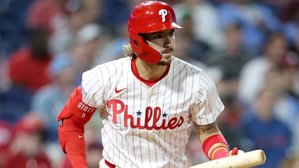 Bryson Stott #5 of the Philadelphia Phillies at bat during a game against the Washington Nationals at Citizens Bank Park on April 30, 2025 in Philadelphia, Pennsylvania. (Photo by Emilee Chinn/Getty Images)
