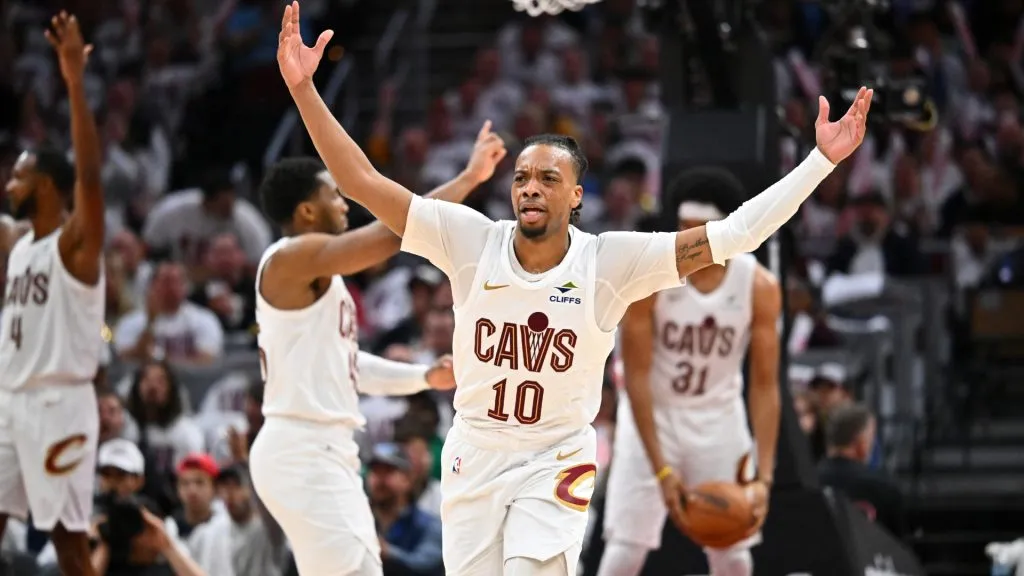 Darius Garland #10 of the Cleveland Cavaliers reacts to a foul call during the third quarter against the Miami Heat of game one of the NBA Playoffs. (Jason Miller/Getty Images)