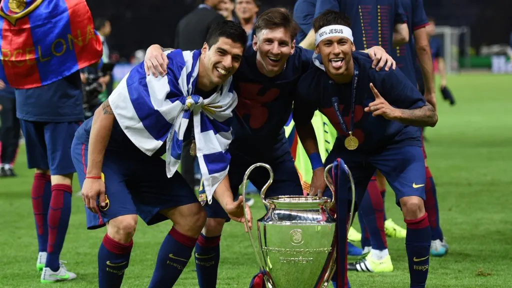 Luis Suarez, Lionel Messi and Neymar celebrate the 2014-15 Champions League title (Matthias Hangst/Getty Images)