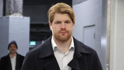 Warren Foegele #37 of the Los Angeles Kings arrives for the game against the New York Islanders at at UBS Arena on December 10, 2024 in Elmont, New York.