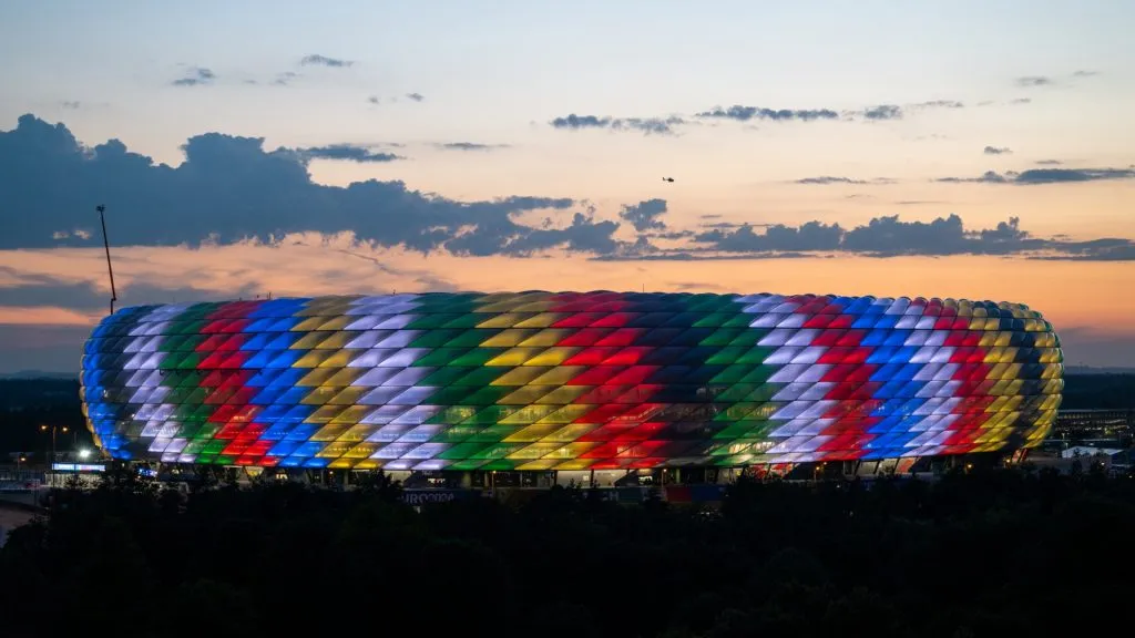A general view of the outside of the Allianz Arena during the UEFA EURO 2024 semi-final match between Spain v France.