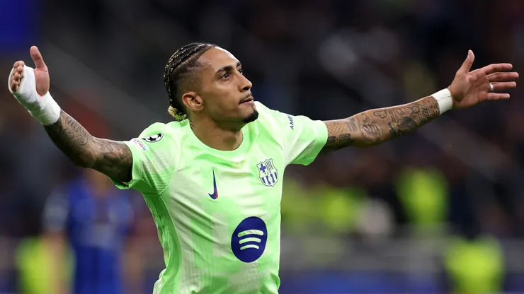 Raphinha celebrates his goal against Inter Milan in the Champions League semifinals
