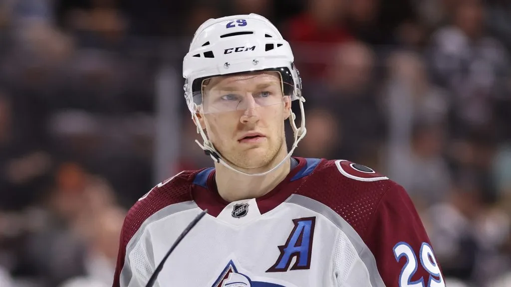 Nathan MacKinnon #29 of the Colorado Avalanche during the NHL game at Mullett Arena on December 27, 2023 in Tempe, Arizona. The Coyotes defeated the Avalanche 5-4 in overtime.