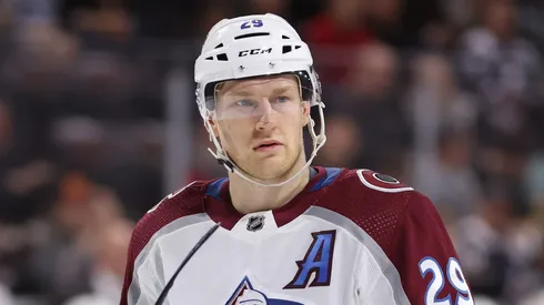 Nathan MacKinnon #29 of the Colorado Avalanche during the NHL game at Mullett Arena on December 27, 2023 in Tempe, Arizona. The Coyotes defeated the Avalanche 5-4 in overtime.