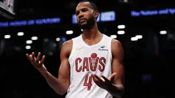 Evan Mobley #4 of the Cleveland Cavaliers reacts during a game against the Brooklyn Nets at Barclays Center.