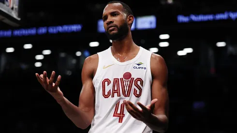 Evan Mobley #4 of the Cleveland Cavaliers reacts during a game against the Brooklyn Nets at Barclays Center.