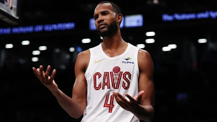 Evan Mobley #4 of the Cleveland Cavaliers reacts during a game against the Brooklyn Nets at Barclays Center.