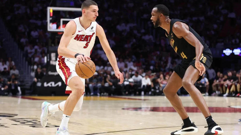 Nikola Jovic #5 of the Miami Heat dribbles the ball as Evan Mobley #4 of the Cleveland Cavaliers defends during the first round of the NBA Playoffs. (Megan Briggs/Getty Images)