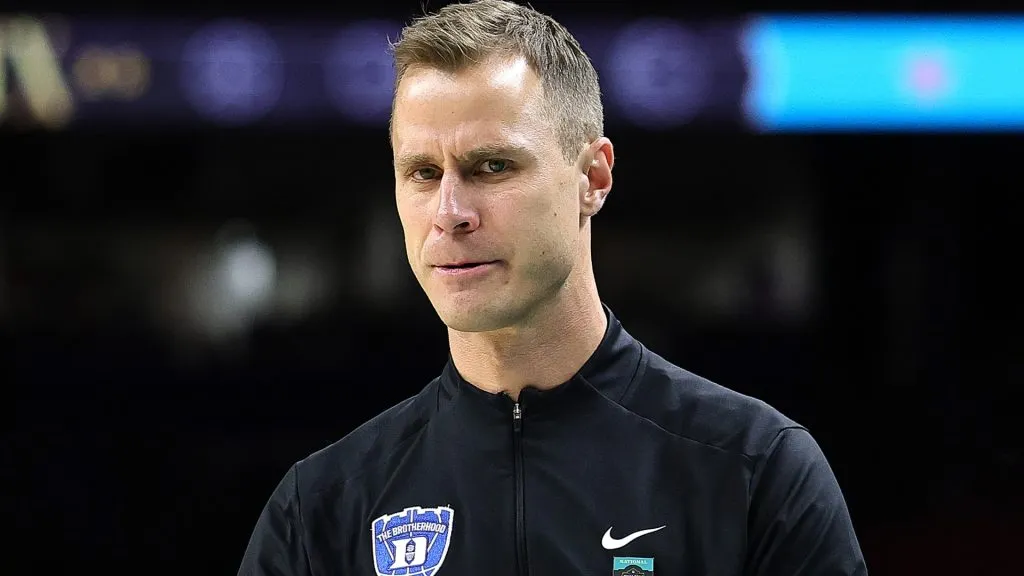 Head Coach Jon Scheyer of the Duke Blue Devils reacts during the Final Four game of the NCAA Men's Basketball Tournament against the Houston Cougars at the Alamodome on April 05, 2025 in San Antonio, Texas.