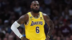 LeBron James #6 of the Los Angeles Lakers looks on against the Denver Nuggets during the second quarter in game one of the Western Conference Finals at Ball Arena on May 16, 2023.