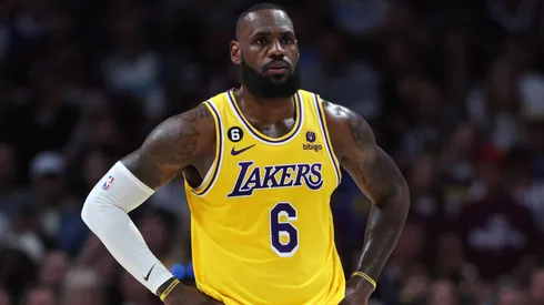 LeBron James #6 of the Los Angeles Lakers looks on against the Denver Nuggets during the second quarter in game one of the Western Conference Finals at Ball Arena on May 16, 2023.