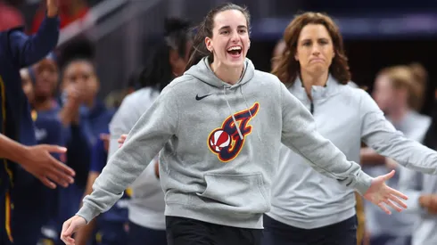 Caitlin Clark #22 of the Indiana Fever gets fired up as her team takes the lead during the second half against the Washington Mystics at Gainbridge Fieldhouse on May 3, 2025.