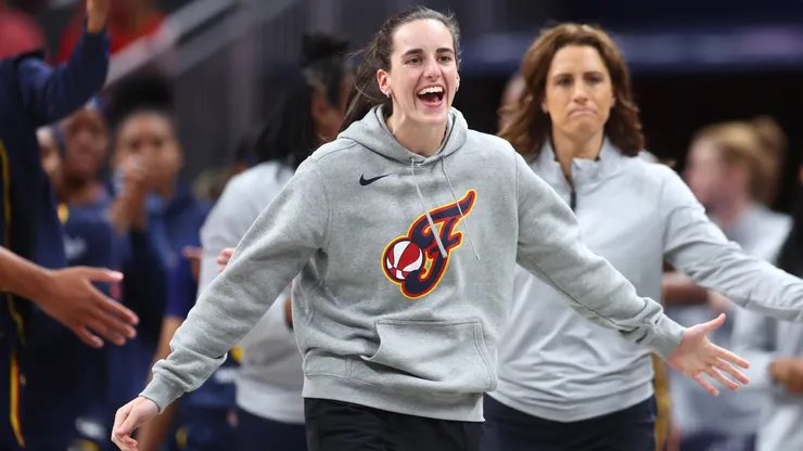 Caitlin Clark #22 of the Indiana Fever gets fired up as her team takes the lead during the second half against the Washington Mystics at Gainbridge Fieldhouse on May 3, 2025.