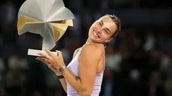 Aryna Sabalenka celebrates winning the Madrid Open