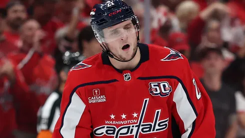 Aliaksei Protas #21 of the Washington Capitals reacts against the Carolina Hurricanes during the second period in Game One of the Second Round in the 2025 Stanley Cup Playoffs at Capital One Arena on May 06, 2025 in Washington, DC.