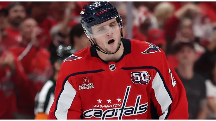 Aliaksei Protas #21 of the Washington Capitals reacts against the Carolina Hurricanes during the second period in Game One of the Second Round in the 2025 Stanley Cup Playoffs at Capital One Arena on May 06, 2025 in Washington, DC.