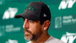 Aaron Rodgers speaks to the media during the New York Jets OTA Offseason Workout at Atlantic Health Jets Training Center on May 21, 2024 in Florham Park, New Jersey.