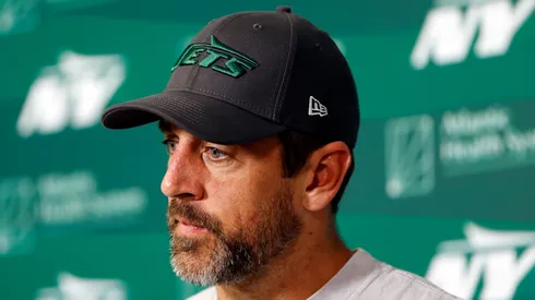 Aaron Rodgers speaks to the media during the New York Jets OTA Offseason Workout at Atlantic Health Jets Training Center on May 21, 2024 in Florham Park, New Jersey.