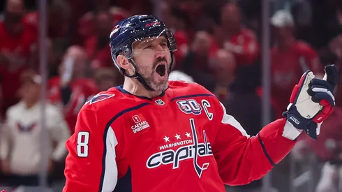Alex Ovechkin #8 of the Washington Capitals celebrates after scoring a goal during the first period in Game Five of the First Round of the 2025 Stanley Cup Playoffs against the Montreal Canadiens at Capital One Arena on April 30, 2025 in Washington, DC.