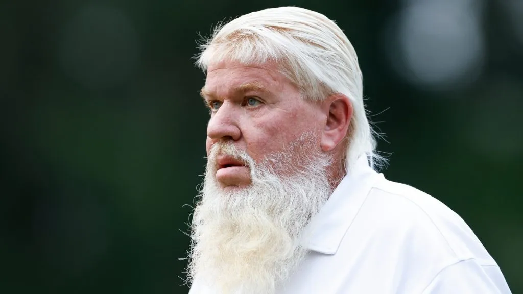 John Daly of the United States walks off the 10th hole during the first round of the Insperity Invitational at The Woodlands Golf Club on May 4, 2024. (Source: Aaron M. Sprecher/Getty Images)