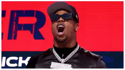 Edge Rusher Abdul Carter of Penn State celebrates after being selected third overall pick by the New York Giants during the first round of the 2025 NFL Draft at Lambeau Field on April 24, 2025 in Green Bay, Wisconsin.