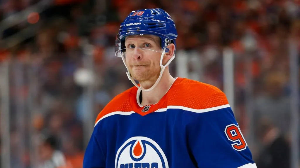 Corey Perry #90 of the Edmonton Oilers skates against the Vancouver Canucks during the third period in Game Four of the Second Round of the 2024 Stanley Cup Playoffs at Rogers Place on May 14, 2024 in Edmonton, Canada.