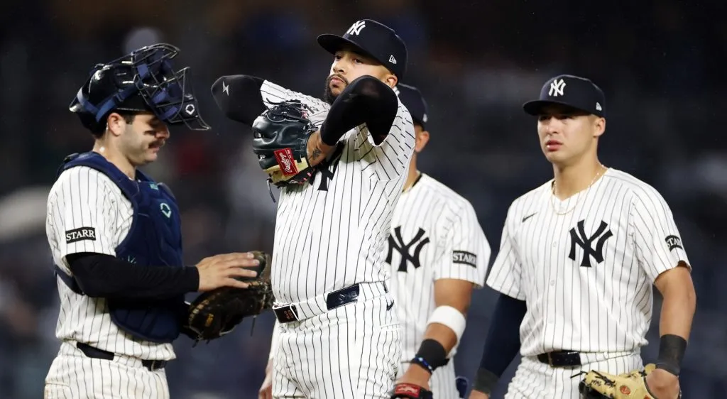 Devin Williams #38 of the New York Yankees reacts as he is taken out of the game during the eighth inning against the San Diego Padres at Yankee Stadium on May 05, 2025 in the Bronx borough of New York City. The Padres won 4-3. (Photo by Sarah Stier/Getty Images)