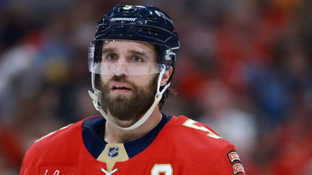 Aaron Ekblad #5 of the Florida Panthers in action against the Chicago Blackhawks during the second period at Amerant Bank Arena on February 01, 2025 in Sunrise, Florida.