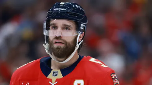 Aaron Ekblad #5 of the Florida Panthers in action against the Chicago Blackhawks during the second period at Amerant Bank Arena on February 01, 2025 in Sunrise, Florida.