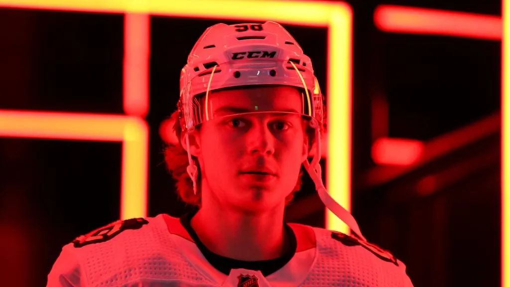 Connor Bedard #98 of the Chicago Blackhawks makes his way to the locker room after warmups before the game against the Seattle Kraken at Climate Pledge Arena on December 14, 2023 in Seattle, Washington.