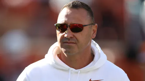 Head coach Steve Sarkisian of the Texas Longhorns looks on prior to a game against the Clemson Tigers in the Playoff First Round Game at Darrell K Royal-Texas Memorial Stadium on December 21, 2024 in Austin, Texas.