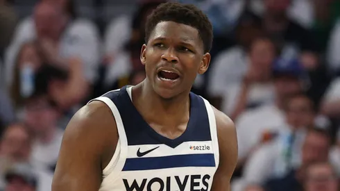 Anthony Edwards #5 of the Minnesota Timberwolves reacts during the third quarter against the Golden State Warriors in Game One of the Conference semifinals.