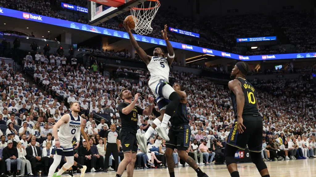 Anthony Edwards #5 of the Minnesota Timberwolves takes a shot against the Golden State Warriors during the Western Conference Second Round NBA Playoffs. (David Berding/Getty Images)