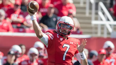 Cam Rising #7 of the Utah Utes throws a pass against the Washington State Cougars during their game September 25, 2021 at Rice Eccles Stadium in Salt Lake City, Utah.