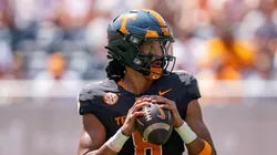 Nico Iamaleava #8 of the Tennessee Volunteers drops back to pass the ball in the second quarter during their game against the Chattanooga Mocs at Neyland Stadium on August 31, 2024 in Knoxville, Tennessee.