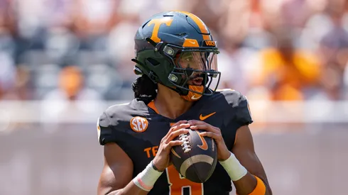 Nico Iamaleava #8 of the Tennessee Volunteers drops back to pass the ball in the second quarter during their game against the Chattanooga Mocs at Neyland Stadium on August 31, 2024 in Knoxville, Tennessee.