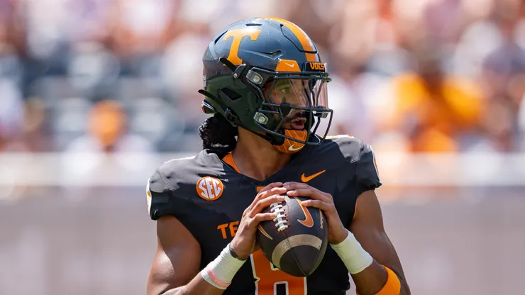 Nico Iamaleava #8 of the Tennessee Volunteers drops back to pass the ball in the second quarter during their game against the Chattanooga Mocs at Neyland Stadium on August 31, 2024 in Knoxville, Tennessee.