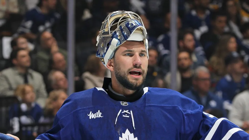 Anthony Stolarz #41 of the Toronto Maple Leafs gets set for play to resume against the Pittsburgh Penguins during the 1st period in an NHL game at Scotiabank Arena in Toronto, Ontario, Canada on October 12, 2024.The Maple Leafs defeated the Penguins 4-2.