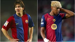 Lionel Messi during his early days with Barcelona and Lamine Yamal during a UEFA Champions League match.
