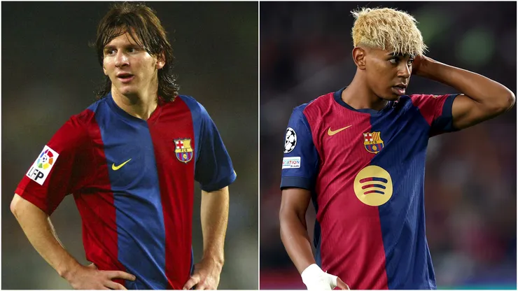 Lionel Messi during his early days with Barcelona and Lamine Yamal during a UEFA Champions League match.