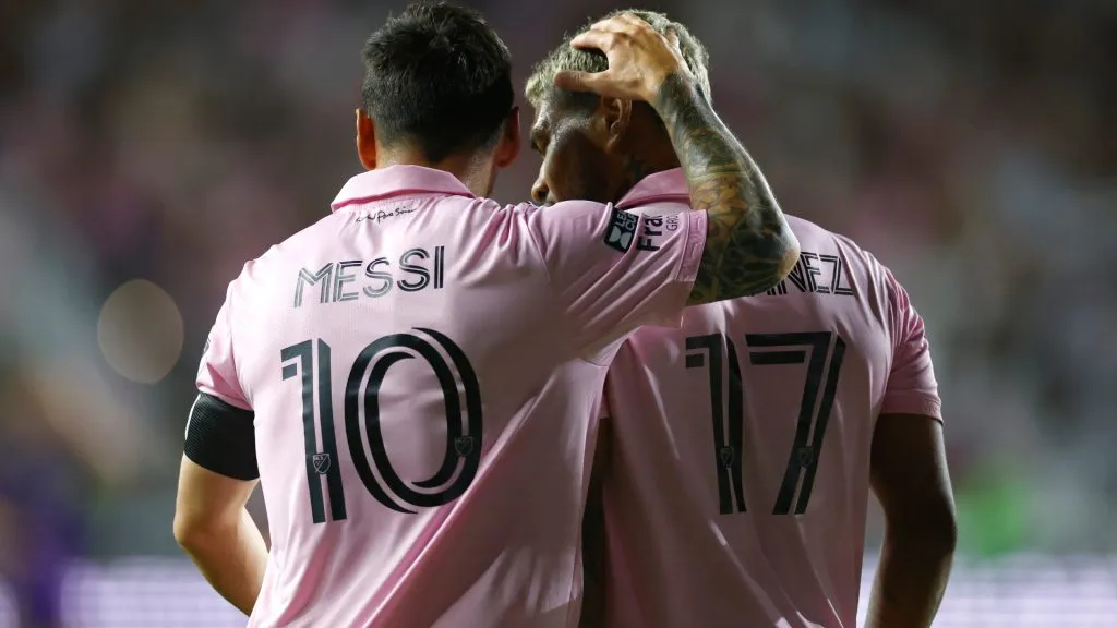 Lionel Messi #10 of Inter Miami CF celebrates with Josef Martínez #17 after a first half goal during the Leagues Cup 2023 Round of 32 match against Orlando City SC. (Mike Ehrmann/Getty Images)