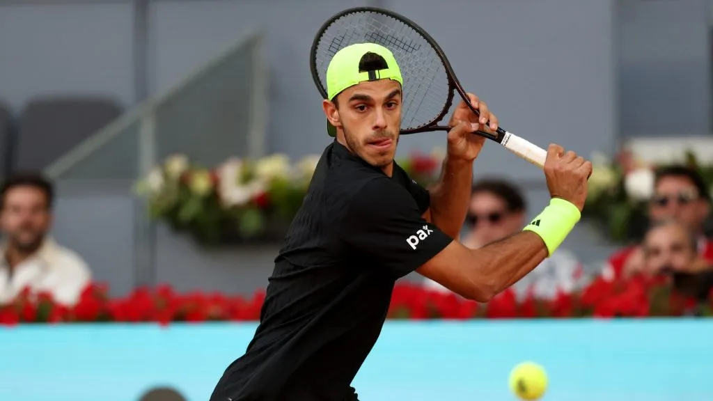Francisco Cerundolo plays a backhand against Alexander Zverev during the Round of 16 match of the Madrid Open on April 29, 2025.