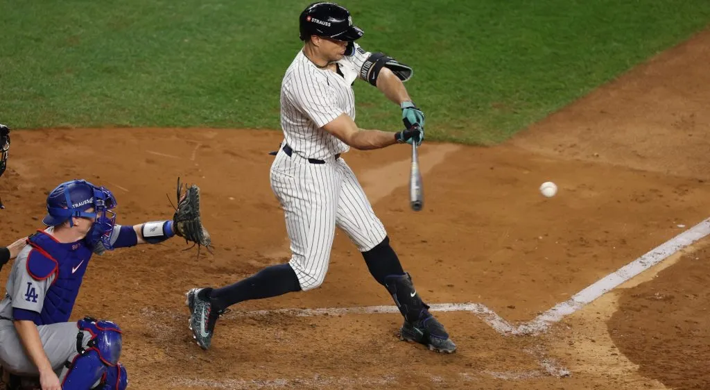 Giancarlo Stanton #27 of the New York Yankees in action against the Los Angeles Dodgers. (Photo by Al Bello/Getty Images)